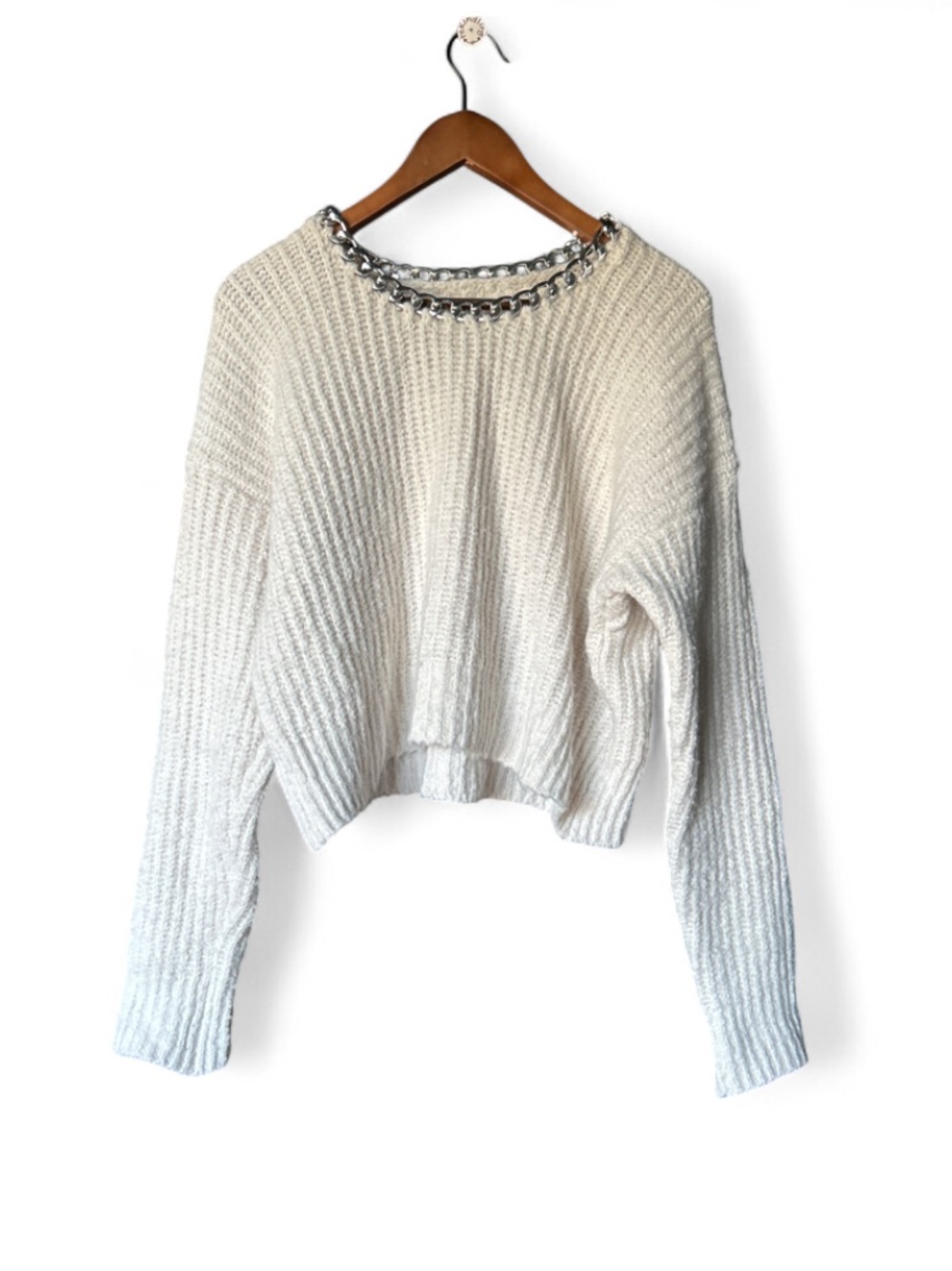 Zara Cream Chunky Knit Chain-Trim Sweater - Women